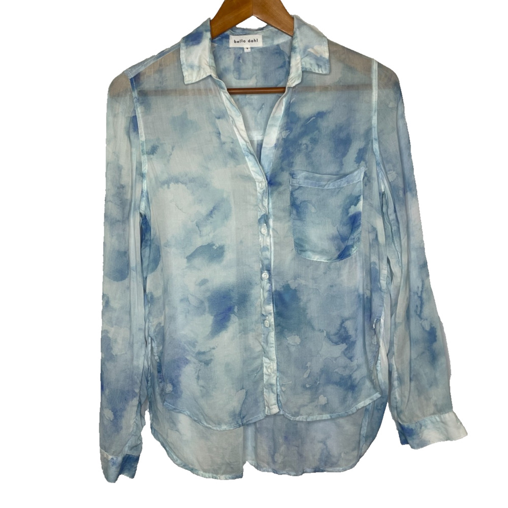 Women's Small Bella Dahl 100% Rayon Blue Tie Dye Button Front Semi-Sheer Shirt